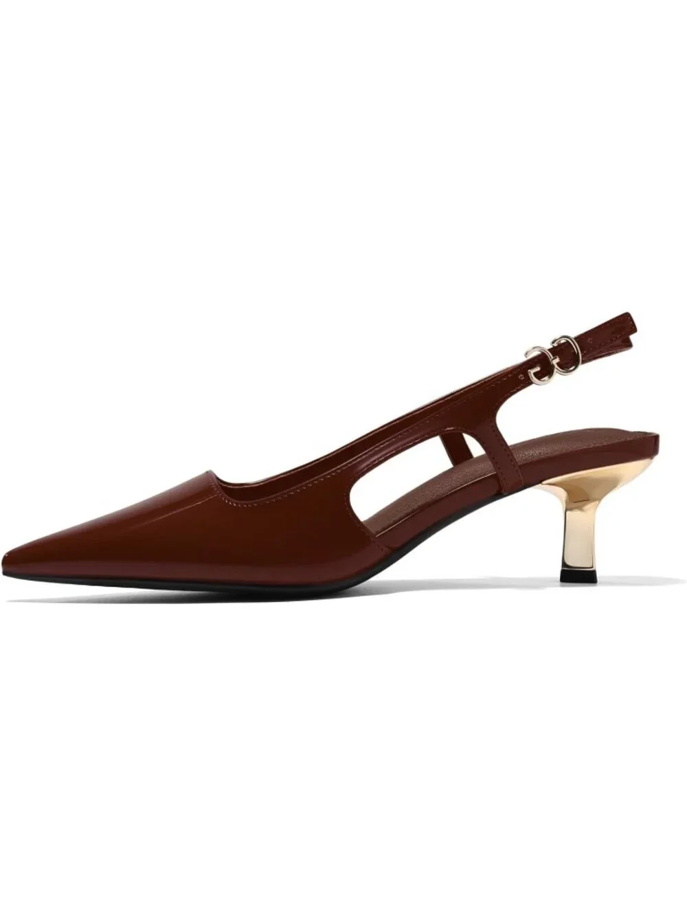 Women's Red/Brown Low Kitten Heel Slingback Pump Closed Pointed Toe Buckle Shoes